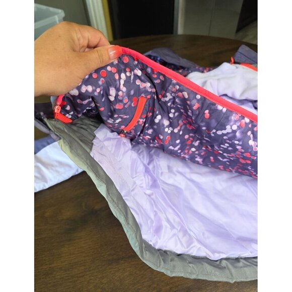 Girls Purple & Gray Hooded Winter Jacket With Polka Dot Lining Red Zippers & Fle - Picture 6 of 16